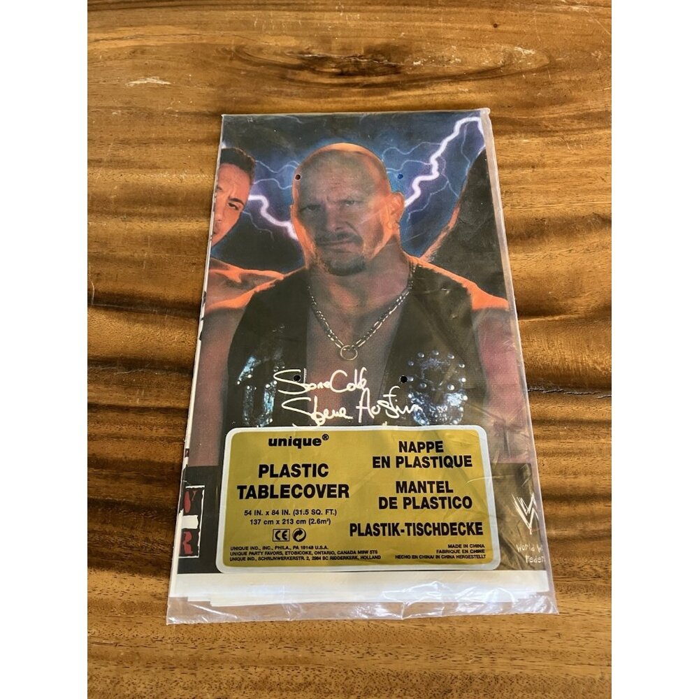 Vintage WWF Plastic Table cover Tablecloth Undertaker Steve Austin The Rock